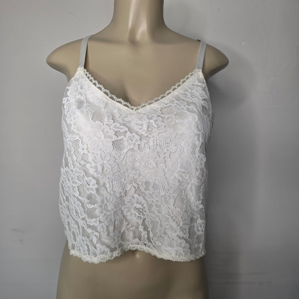 Go Softly Cami Top Women L Ivory Lace Satin Sleeveless V-Neck Cropped Lingerie